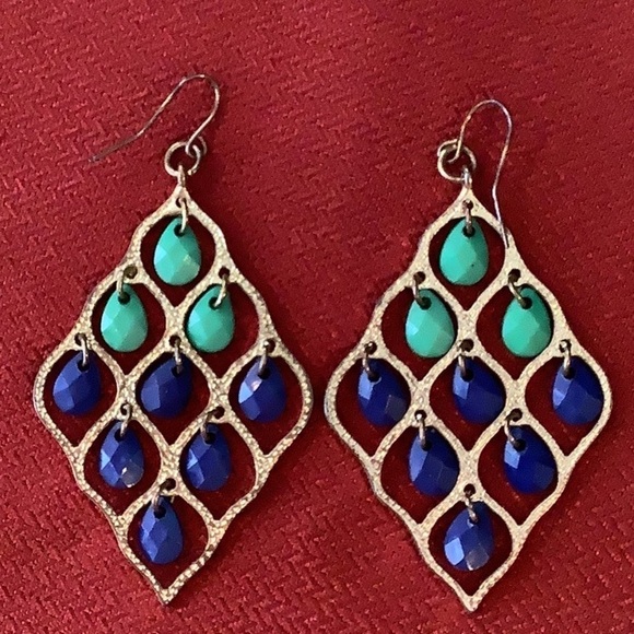 Blue and green gold tone earrings dangle drop - Picture 1 of 7
